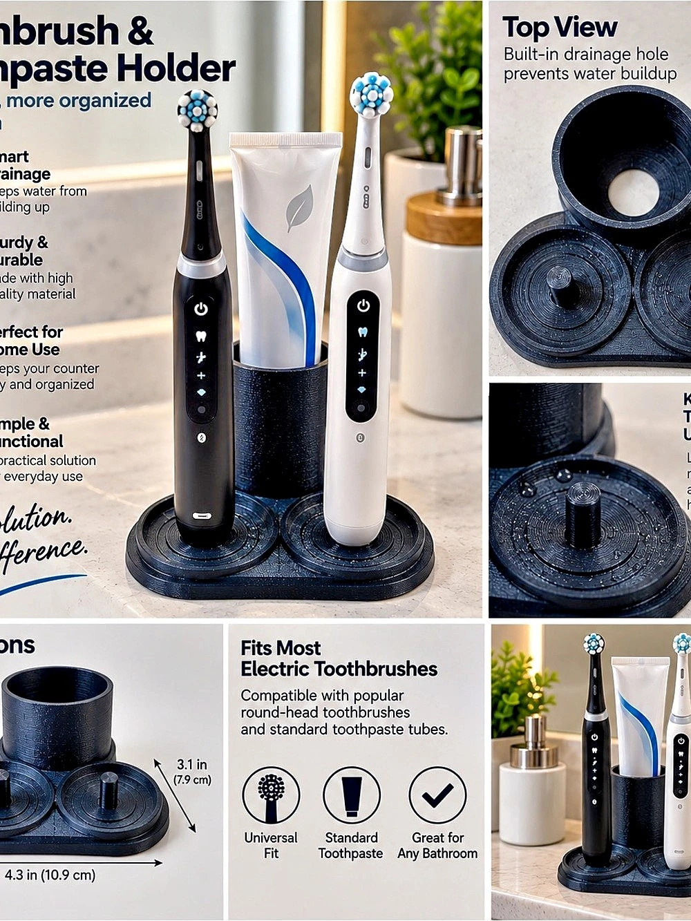 Toothbrush & Toothpaste Holder Organizer with Drainage